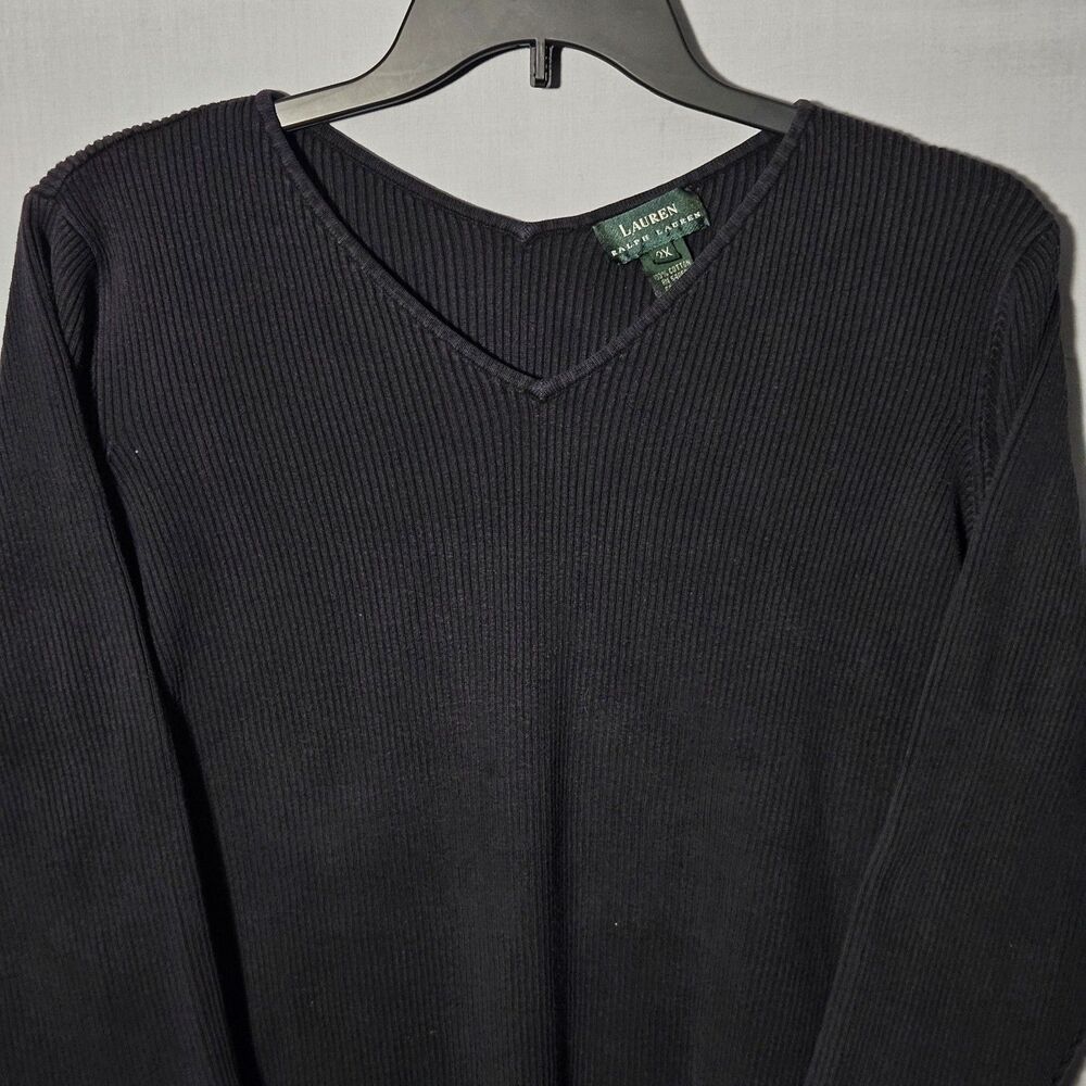 VTG Lauren Ralph Lauren Sweater V-Neck Ribbed Knit Womens 2X Black 3/4 Sleeve